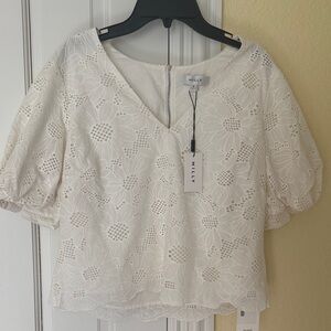 Milly Ivory Eyelet V-Neck Puff Sleeve Blouse